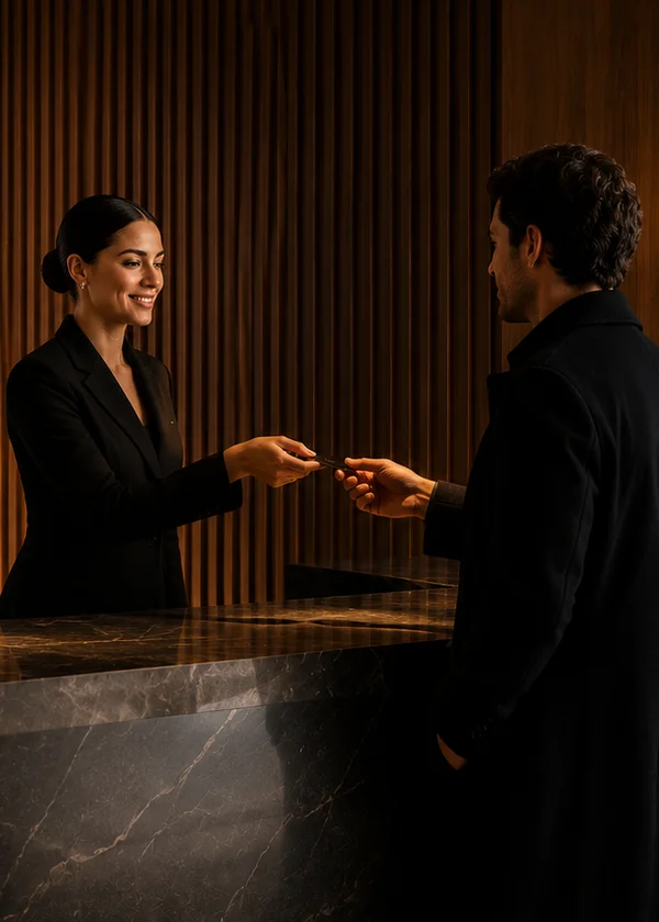 Elegante Hotelrezeption mit stilvollem Check-in zwischen Concierge und Gast.